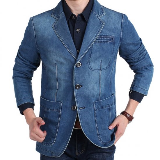 Mens Denim Blazer Men Fashion Cotton Vintage Suit Outerwear